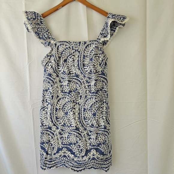 Alice & Olivia Chambray Honor Flutter Sleeve Boho Embroidered Mini Dress Size 0 - Picture 7 of 13